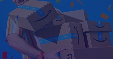 Person in a striped shirt carries a stack of Amazon boxes as confetti falls, suggesting a gift delivery or celebration.