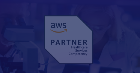 AWS Partner Healthcare Services Competency badge displayed over a blue-tinted lab background.