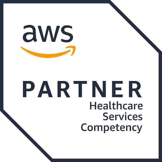 AWS Partner badge featuring the orange curved arrow logo and the word 'PARTNER' with 'Healthcare Services Competency' text, indicating a certified status.
